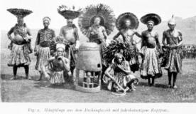 Chiefs from the Dschang district with feathered hat-like head finery , 1905 ca.